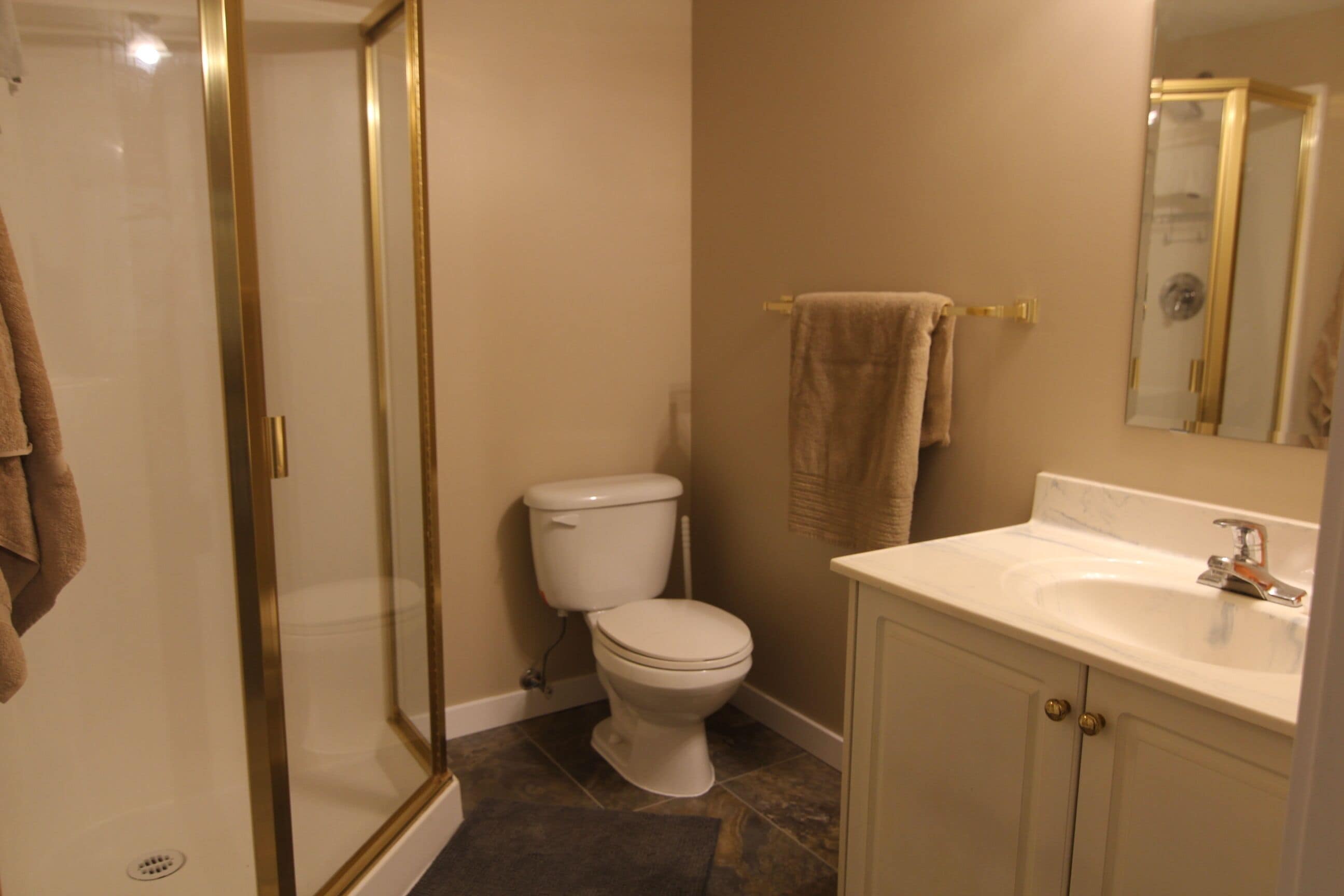 A bathroom with a toilet, a sink, and a shower.