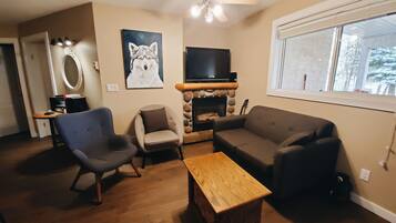 TV connectée, cheminée, lecteur de DVD, chaîne hi-fi