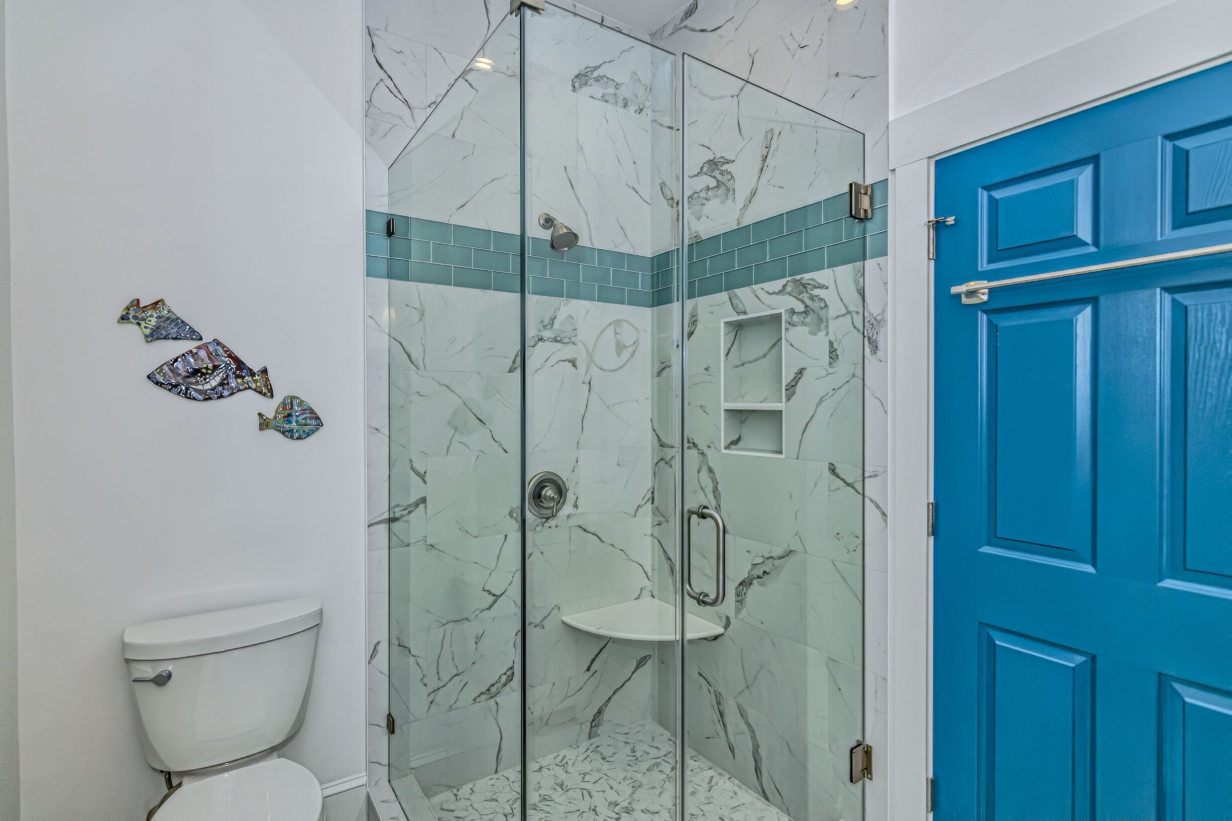 A bathroom with a glass-enclosed shower, a white toilet, and a blue door.