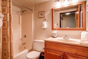 Shower, hair dryer, towels, shampoo