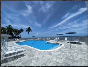 A swimming pool with lounge chairs and umbrellas, surrounded by palm trees and a clear sky.