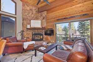 Smart TV, caminetto, libri, impianto stereo