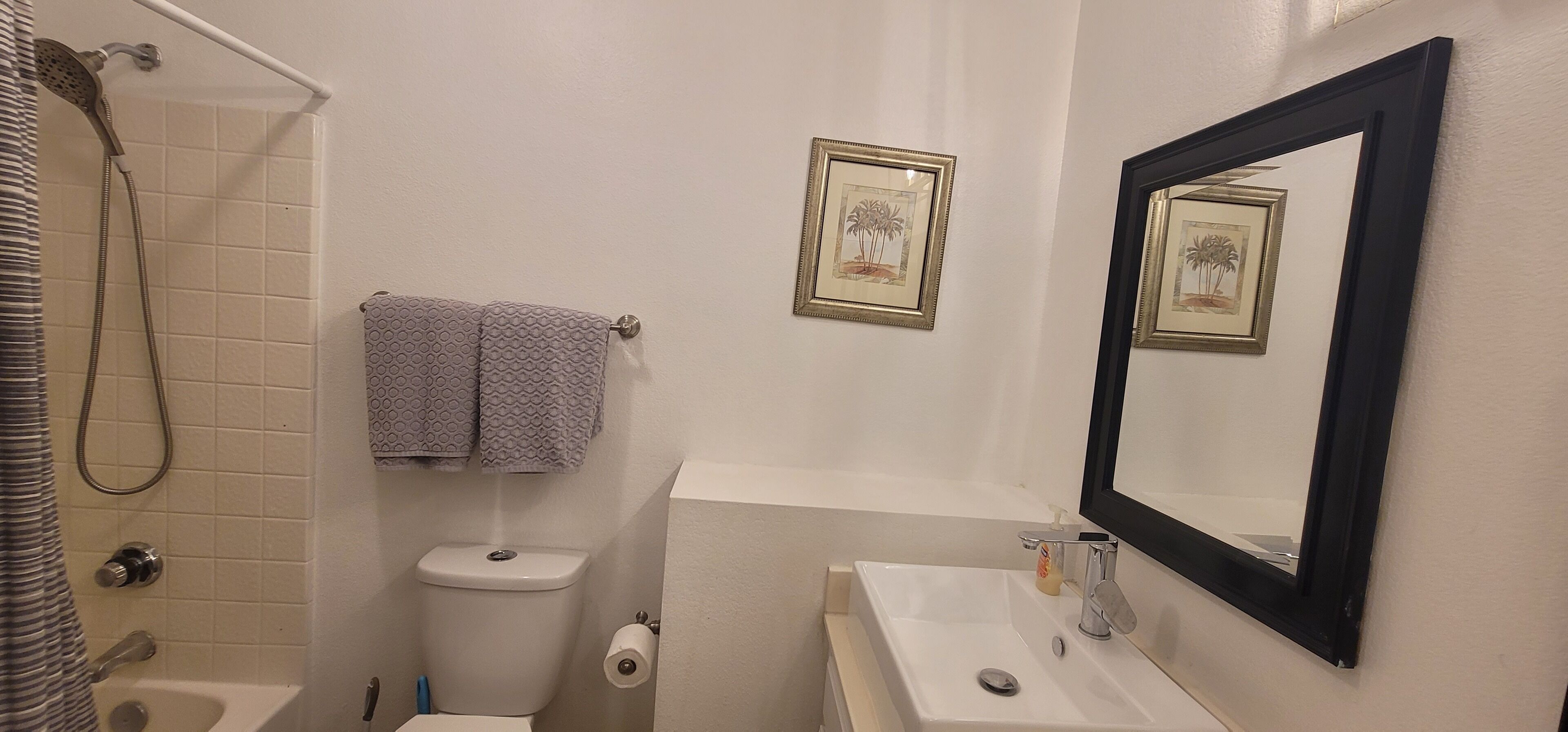 Ein Badezimmer mit Dusche, Toilette, Waschbecken und zwei Bildern an der Wand.
