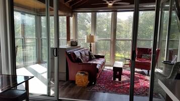 Smart TV, fireplace, DVD player, books