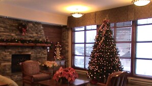 Een gezellige woonkamer met een open haard, een grote kerstboom en comfortabele zitplaatsen.