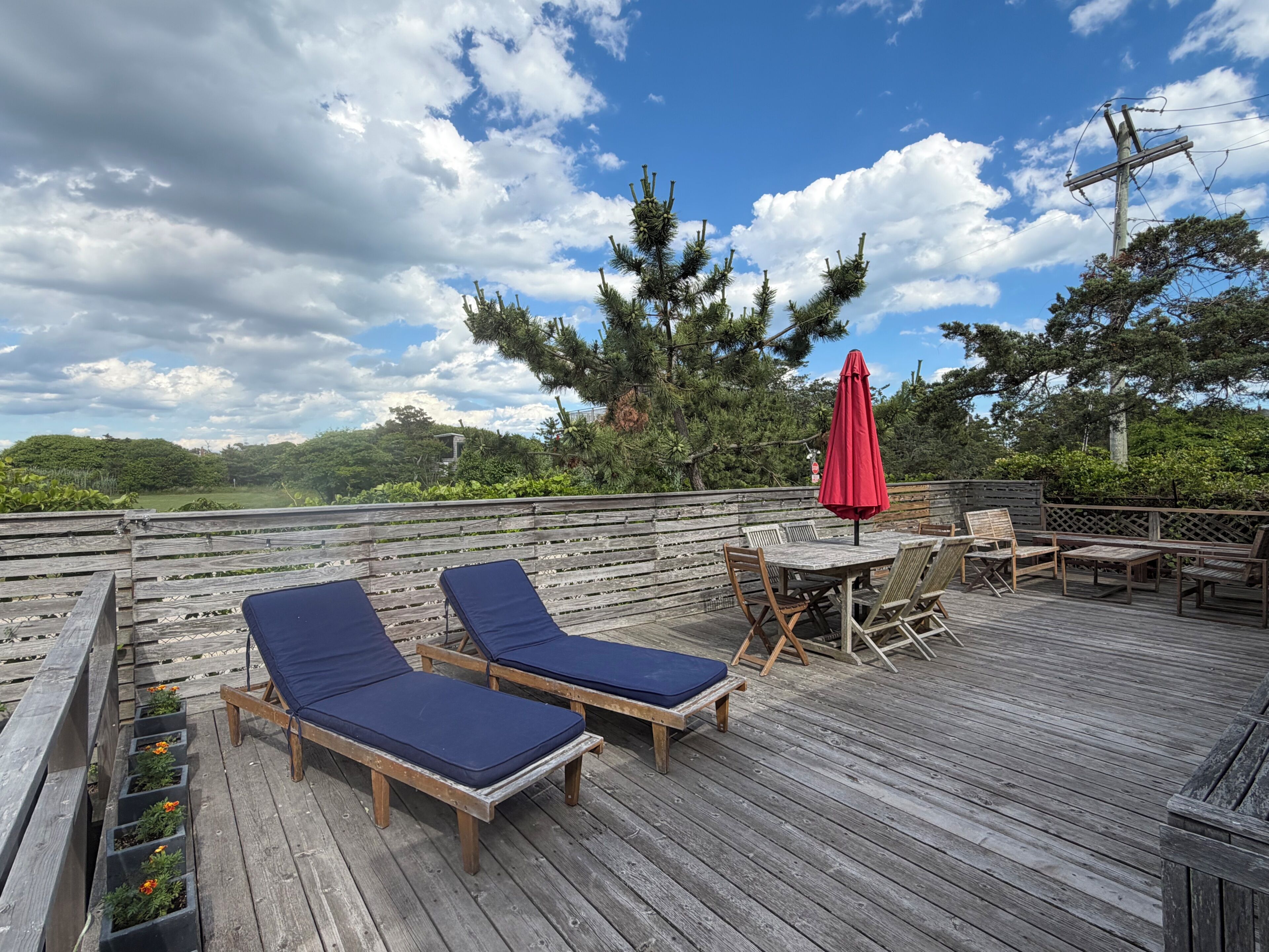 A wooden deck with lounge chairs and a table, surrounded by greenery and trees.