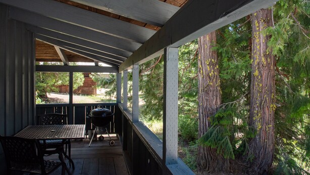 A covered outdoor area with a table and chairs, a grill, and a view of a forested area.