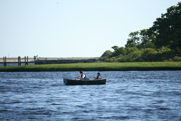 A calm body of water with a wooden dock and a grassy bank. - Secluded Waterfront Location With Dock (Stonington)