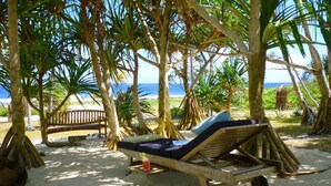 A beachside lounge area with wooden lounge chairs and a bench, surrounded by palm trees and a view of the ocean.