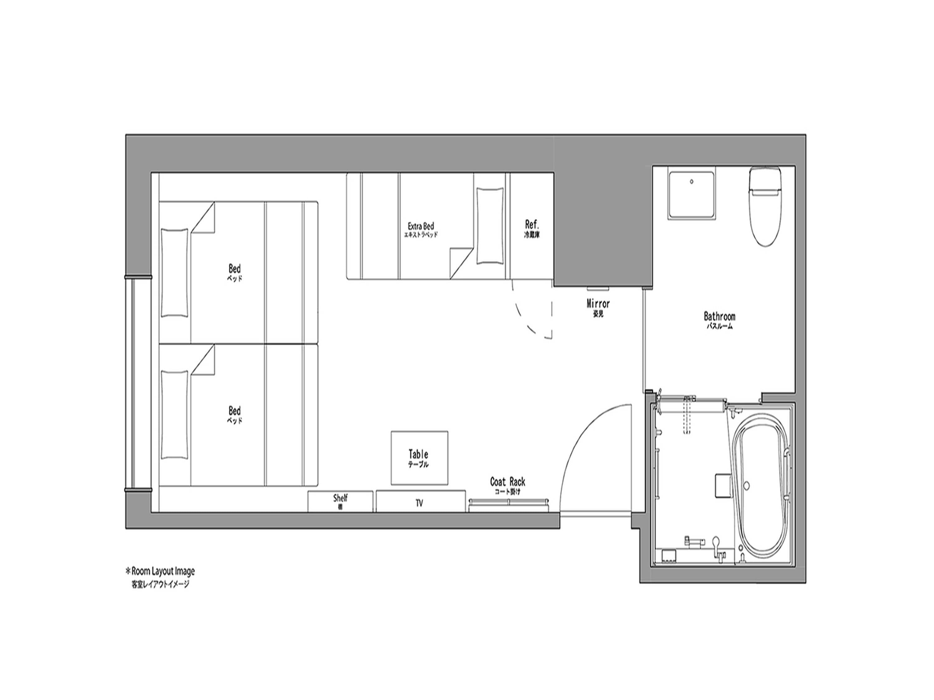 A room layout with a bed, table, TV, coat rack, and bathroom.