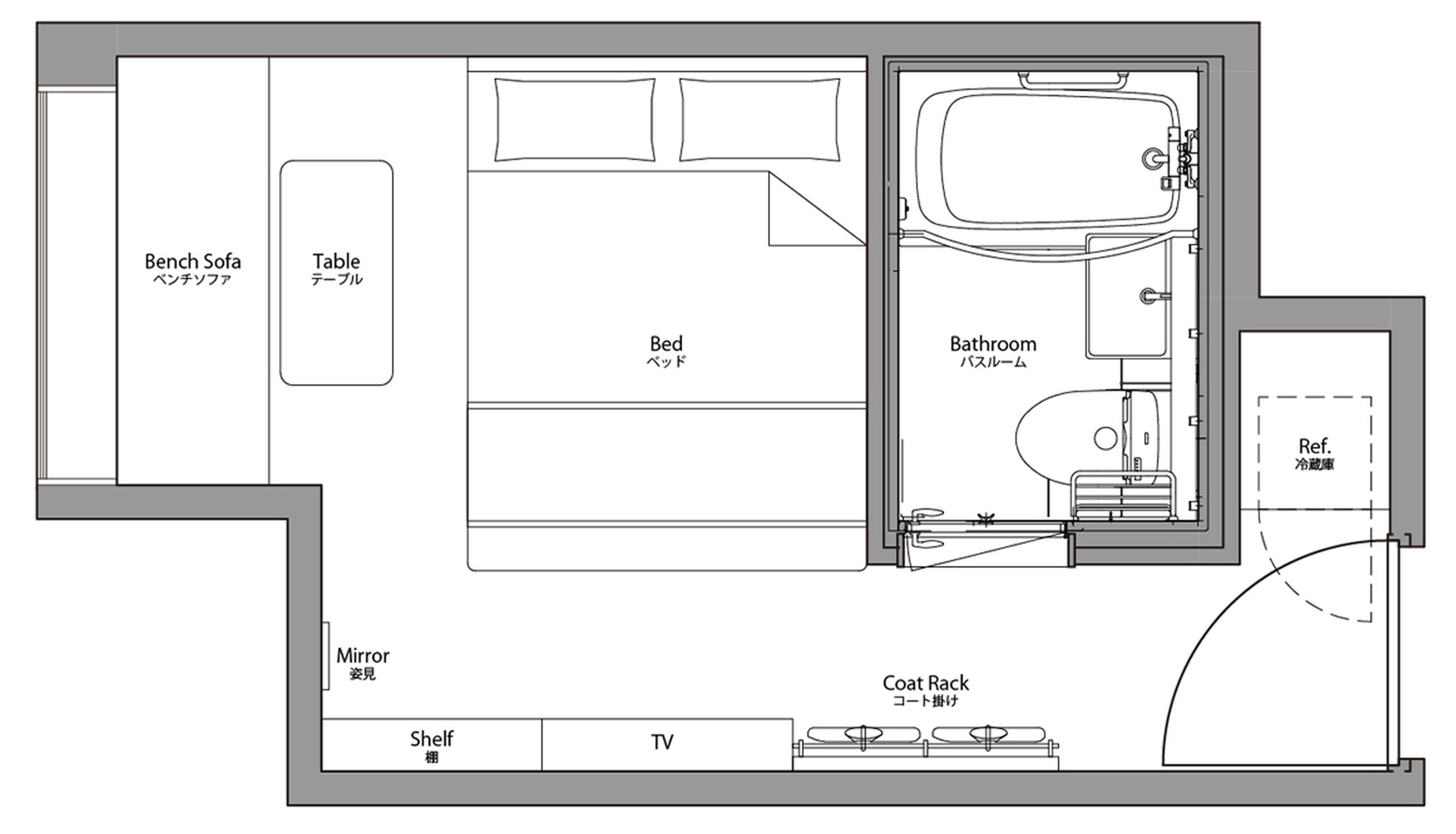 A floor plan of a hotel room with a bed, table, bench sofa, mirror, shelf, TV, coat rack, bathroom, and a reference room.