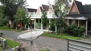 A satellite dish, a paved pathway, and a row of houses with distinct architectural styles.