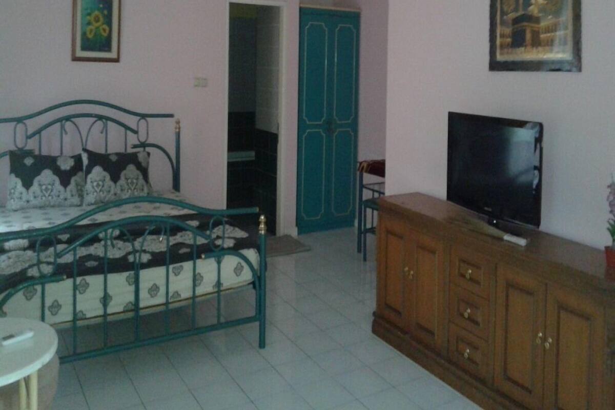Un dormitorio con una cama, un televisor y un armario.