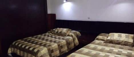 Una habitación con dos camas, cada una con cubrecama a cuadros, cabecero oscuro y lámpara de pared.