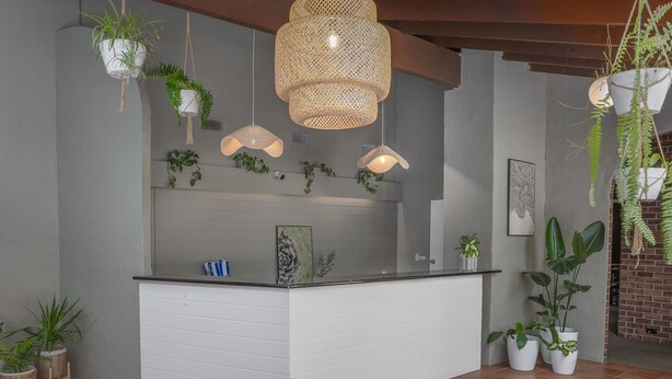 A modern reception area with a white counter, hanging wicker lamps, and potted plants. - All Seasons Motel Armidale (Armidale)