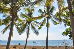 해변에 위치, 검은 모래, 비치 타월