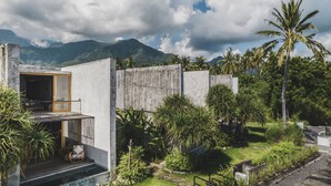 Une maison moderne dotée d’un balcon, d’une clôture en bois et d’une végétation luxuriante.