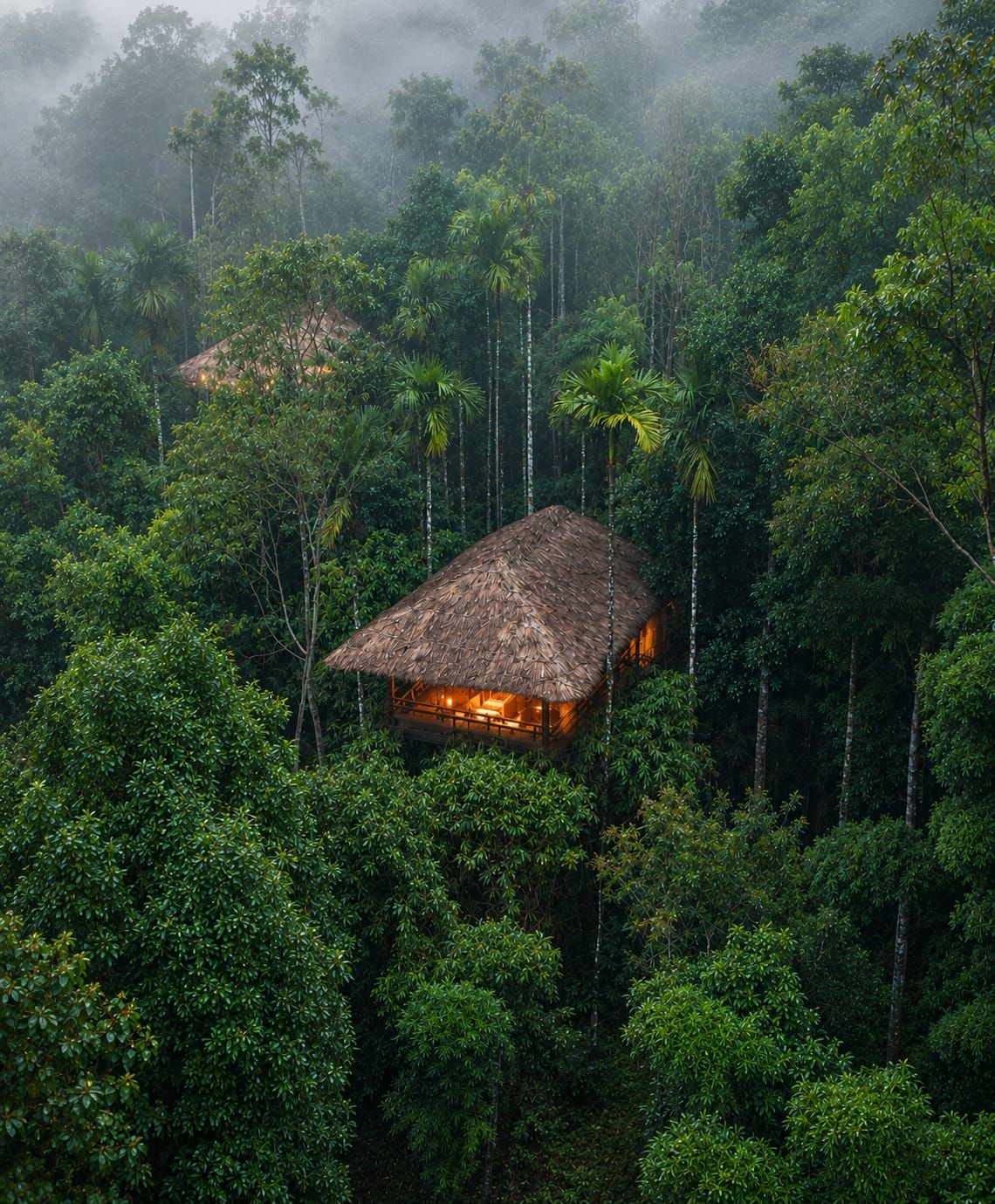 Una construcción con techo de paja rodeada de un bosque denso.