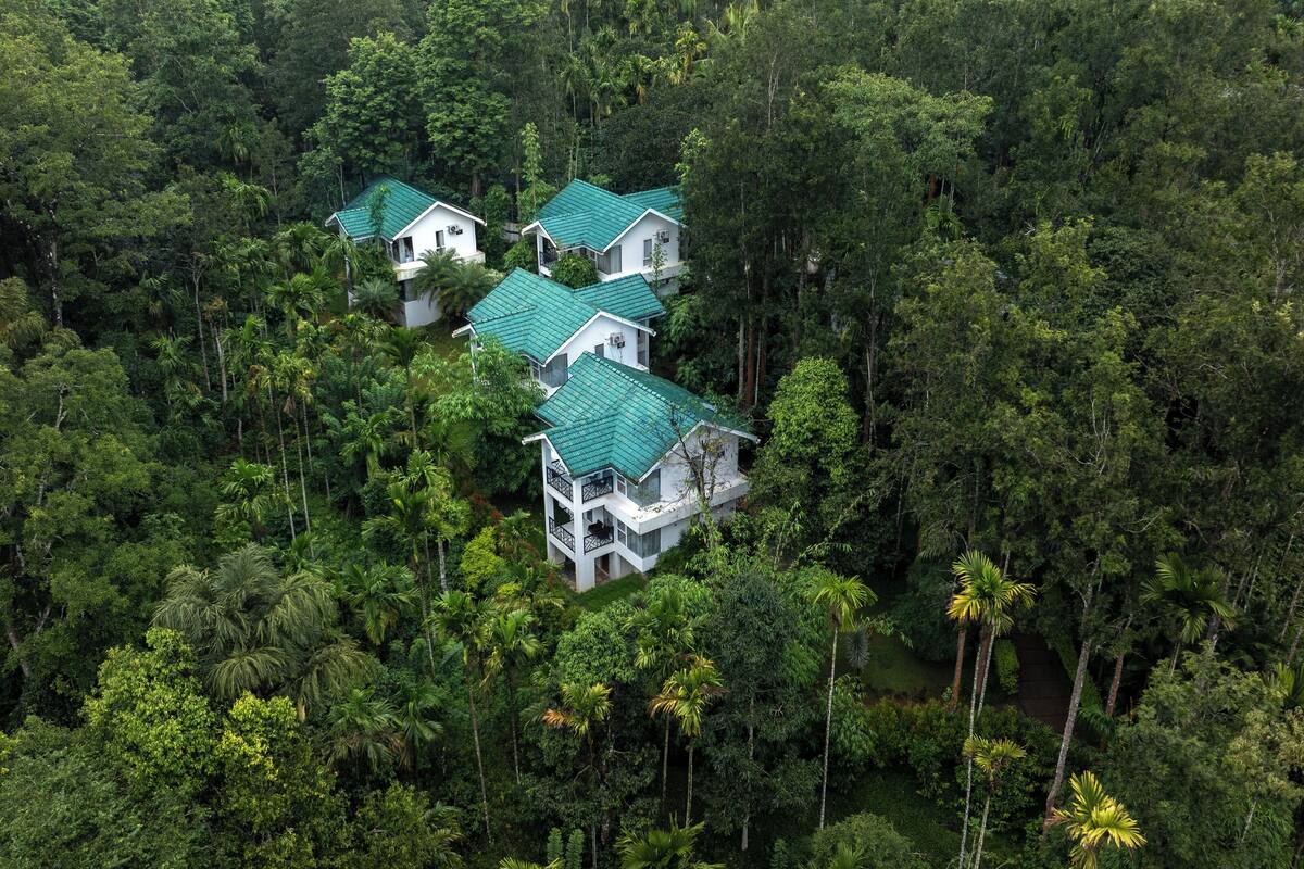 Un conjunto de edificios blancos con techos verdes, ubicados en un bosque frondoso.