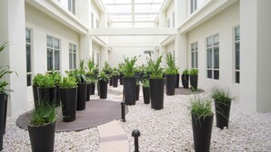 Um amplo jardim interno com plantas em vasos dispostas em fileiras, um caminho central e um teto alto com claraboias.