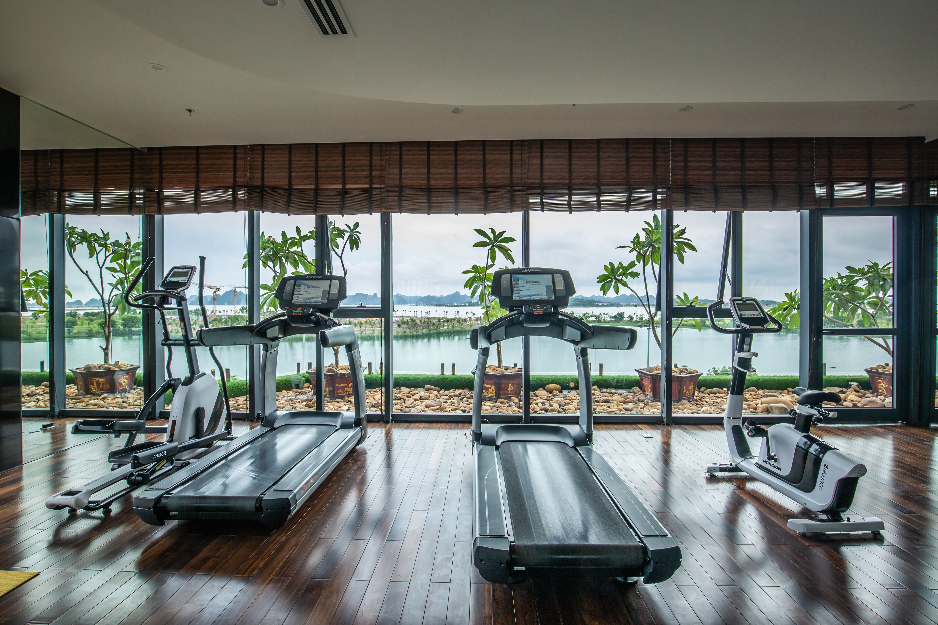 A gym with treadmills and exercise equipment, large windows with a view of a lake and palm trees.