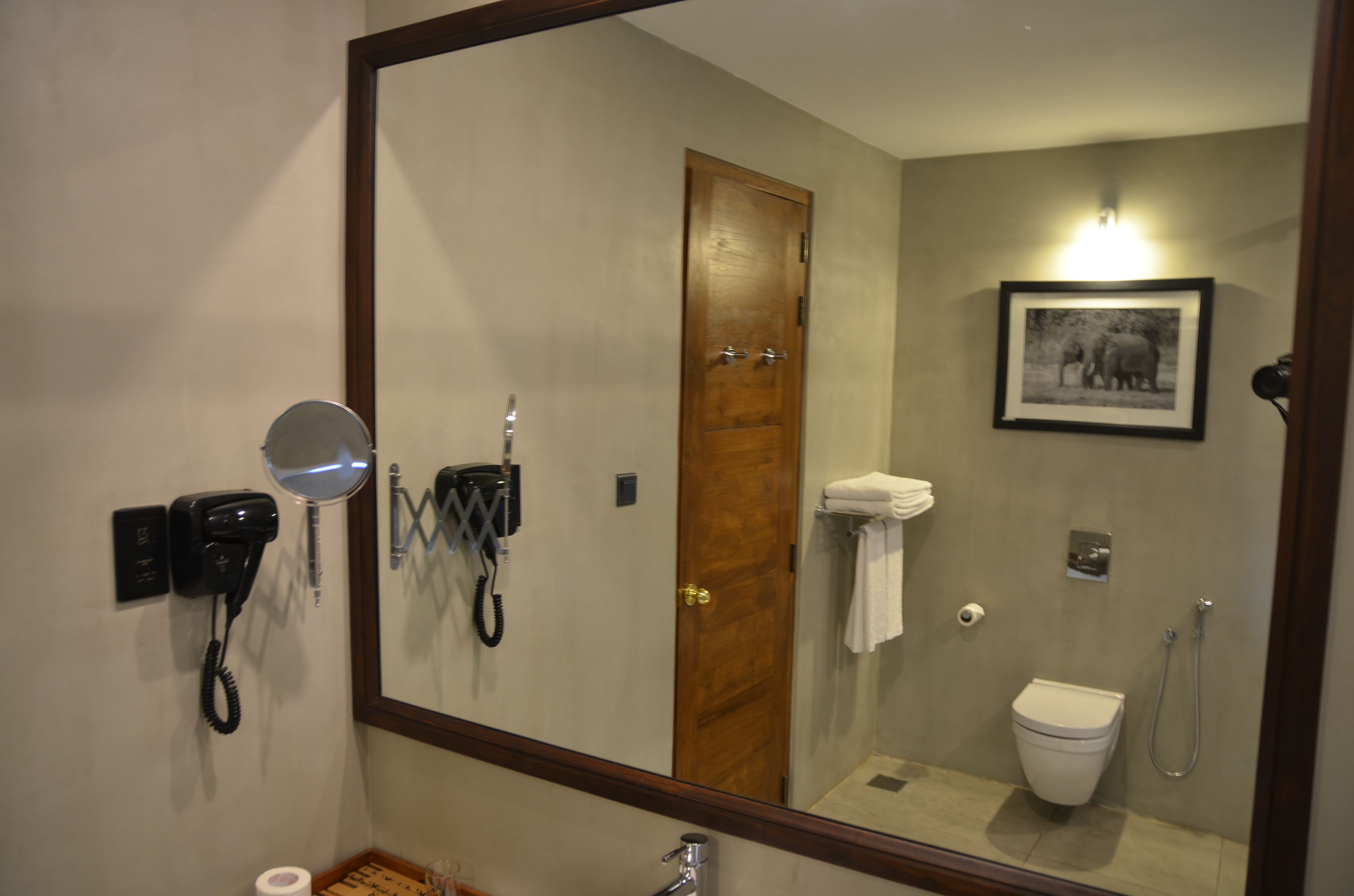 Un baño con puerta de madera, un cuadro enmarcado en la pared, un secador de pelo, un espejo, un inodoro y una ducha.