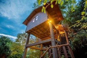 A wooden treehouse with a staircase and a porch, surrounded by trees. - Sigiriya King's Resort (Sigiriya)