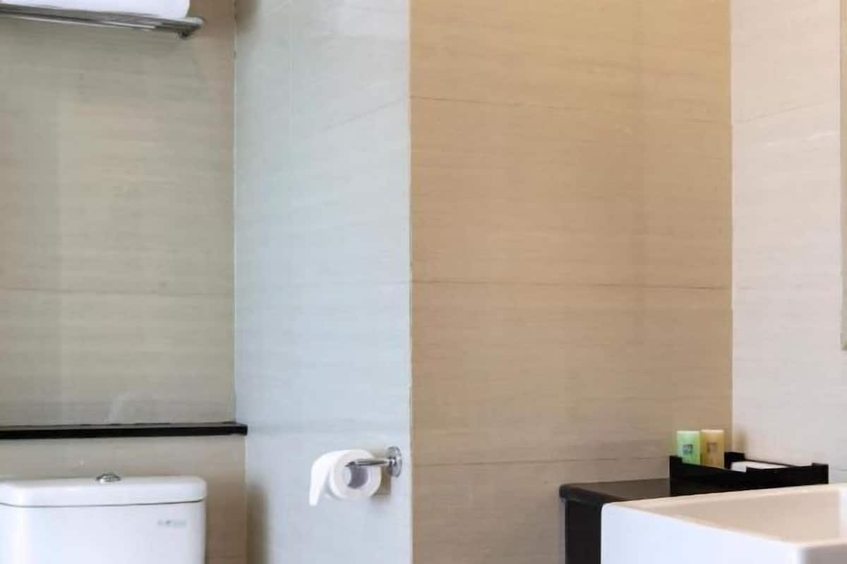 Shower, free toiletries, slippers, towels