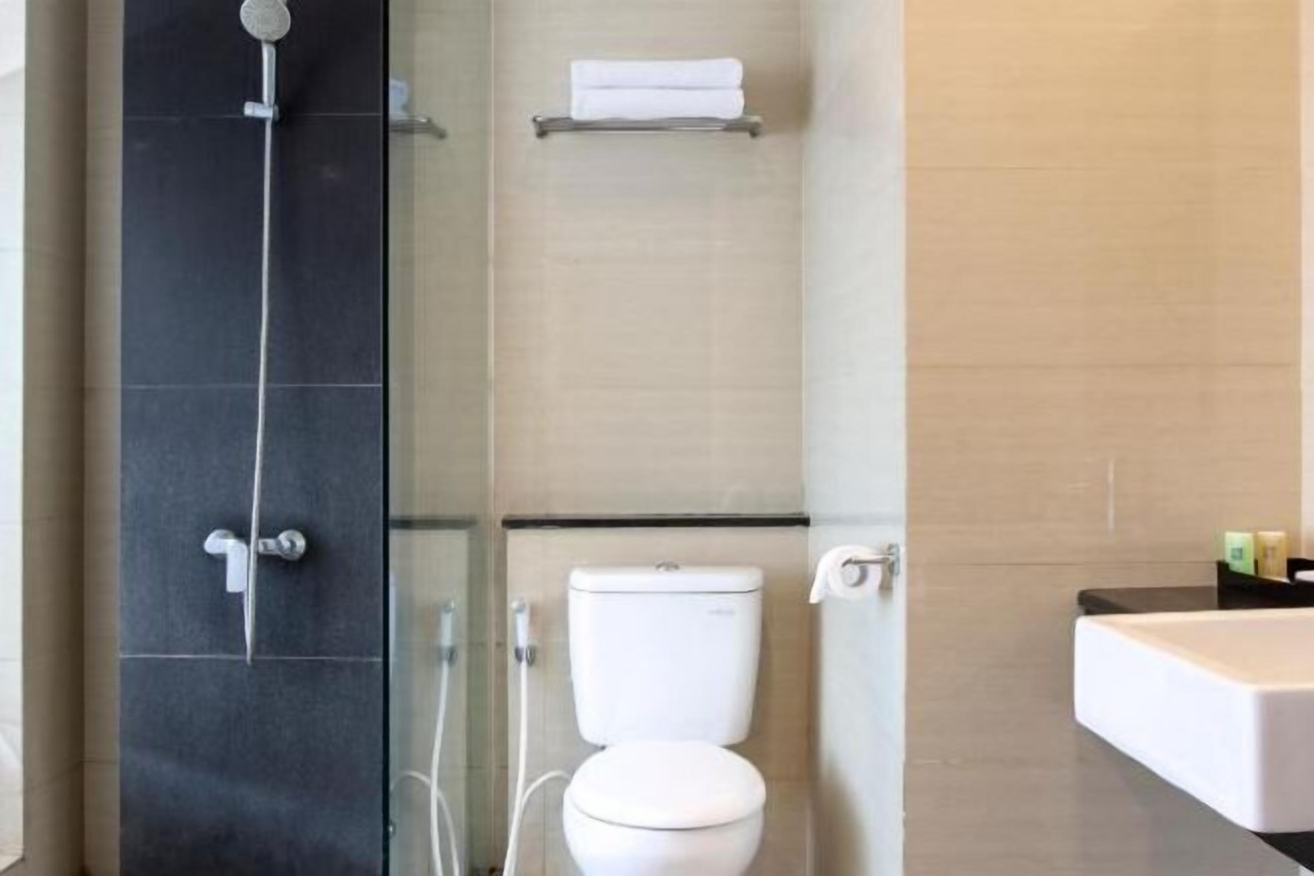 Shower, free toiletries, slippers, towels