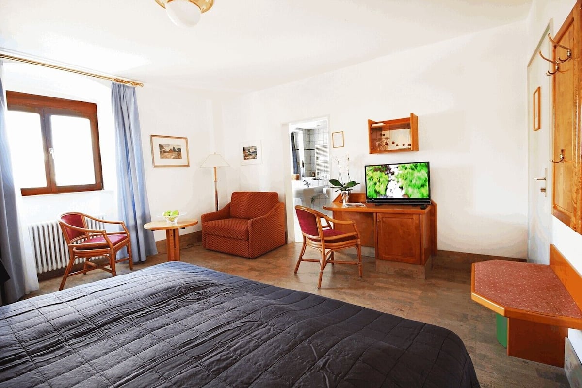 A hotel room with a bed, a desk, two chairs, a television, a radiator, and a window with curtains.