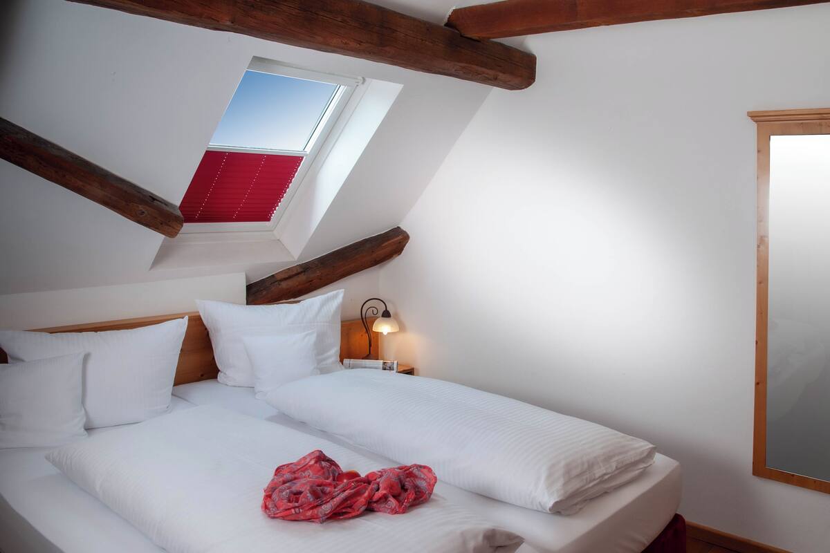 A bedroom with a sloped ceiling, a skylight, a bed with white bedding, and a nightstand with a lamp.