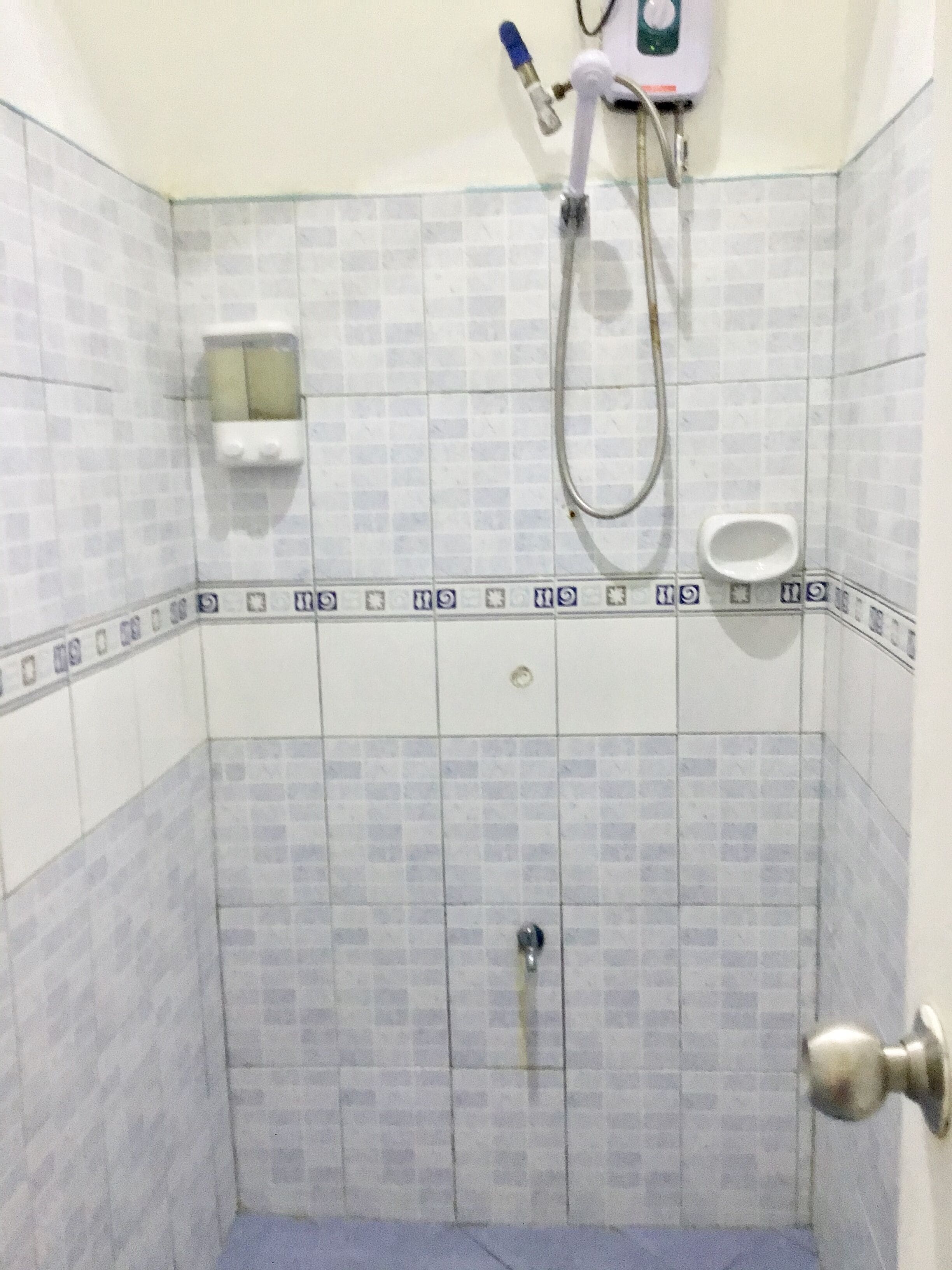 Un área de ducha con azulejos, un cabezal de ducha de mano, un dispensador de jabón y un inodoro.