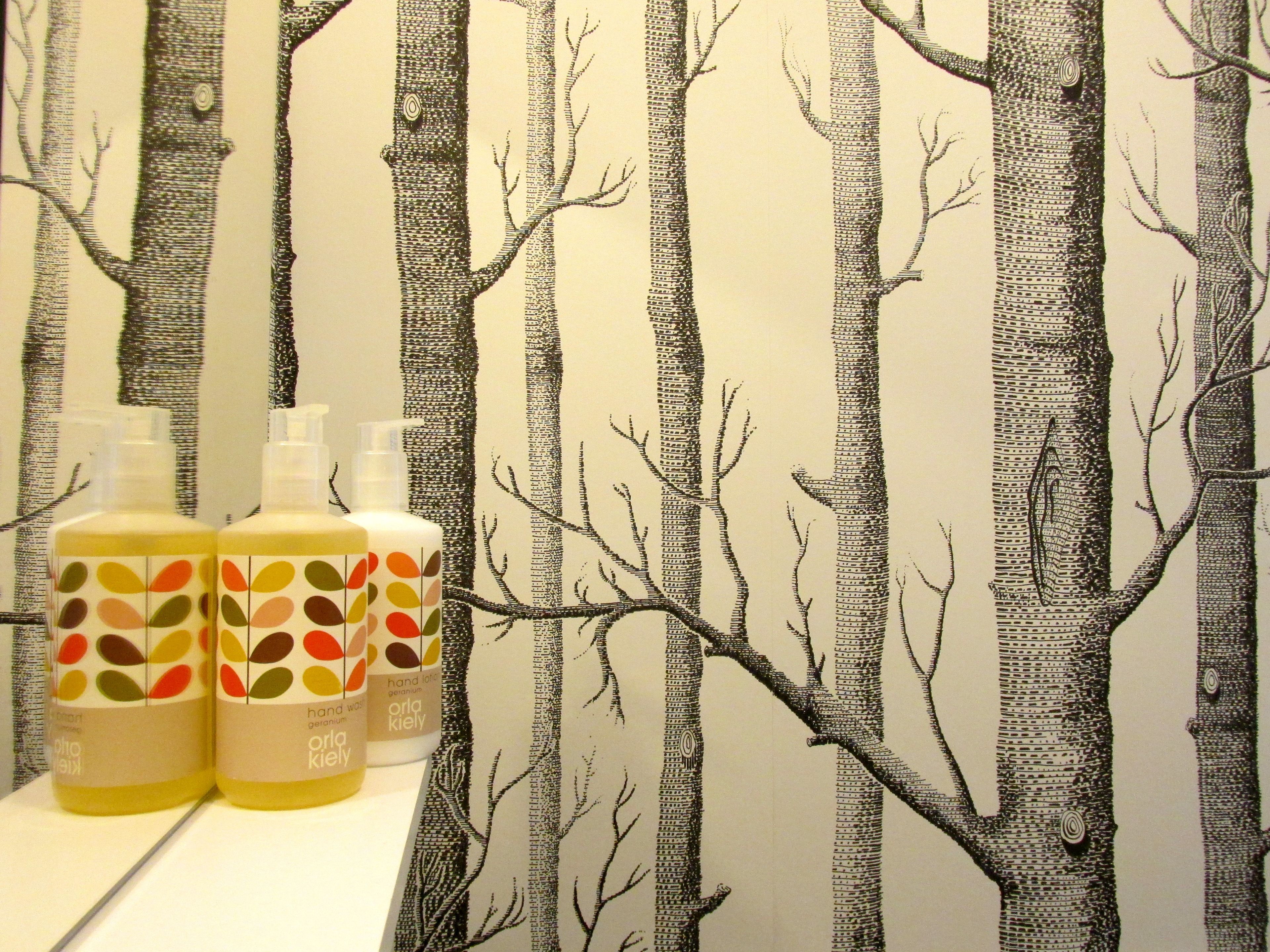 A bathroom with a forest-themed wallpaper and two bottles of hand soap.