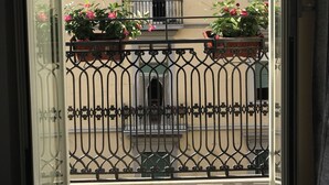 A balcony with a wrought iron railing, potted plants, and a view of neighboring buildings. - Joy Naples (Naples)