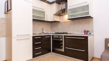 Fridge, oven, stovetop, cookware/dishes/utensils