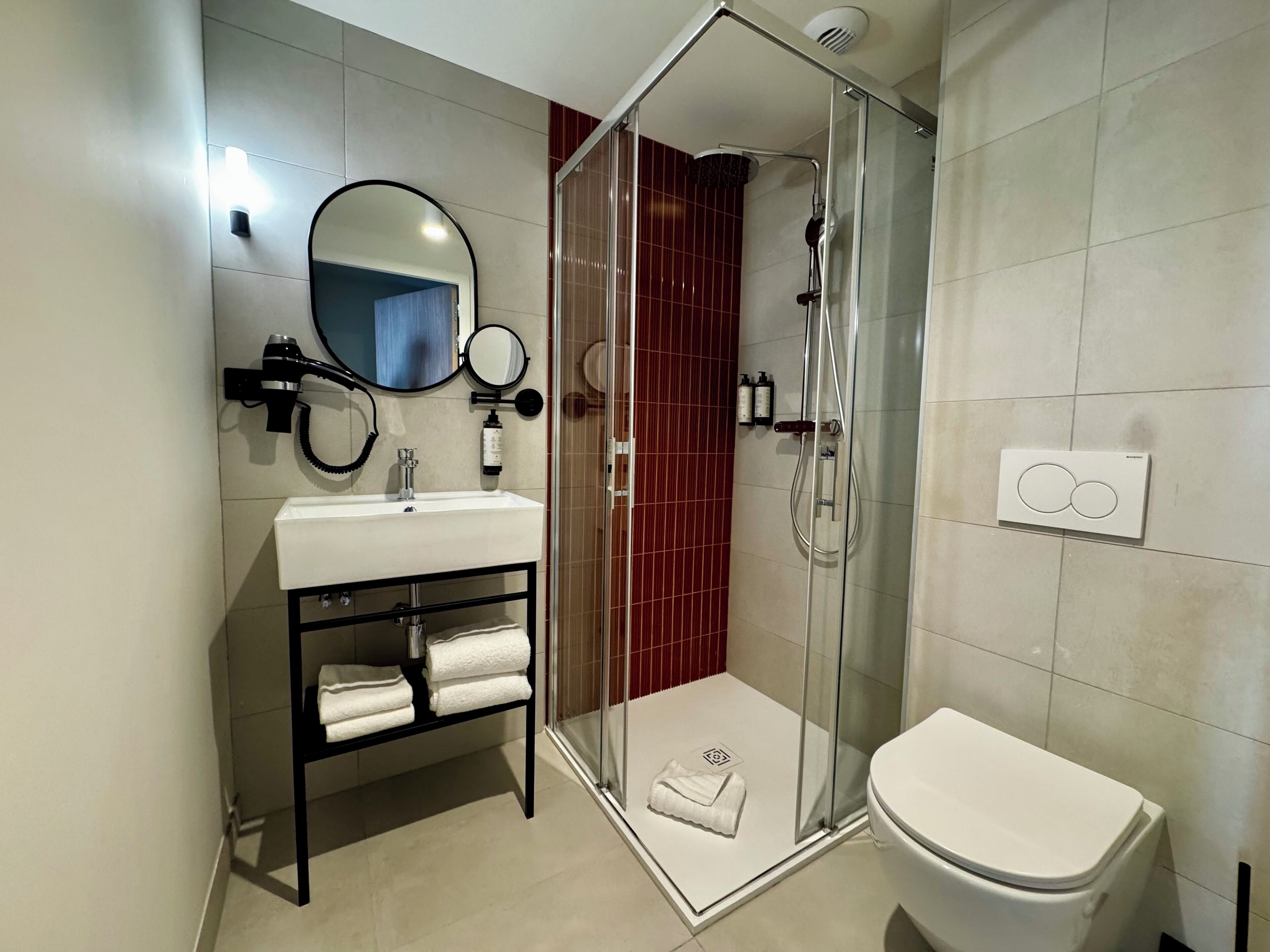 A modern bathroom with a glass-enclosed shower, a white sink, a mirror, and a toilet.
