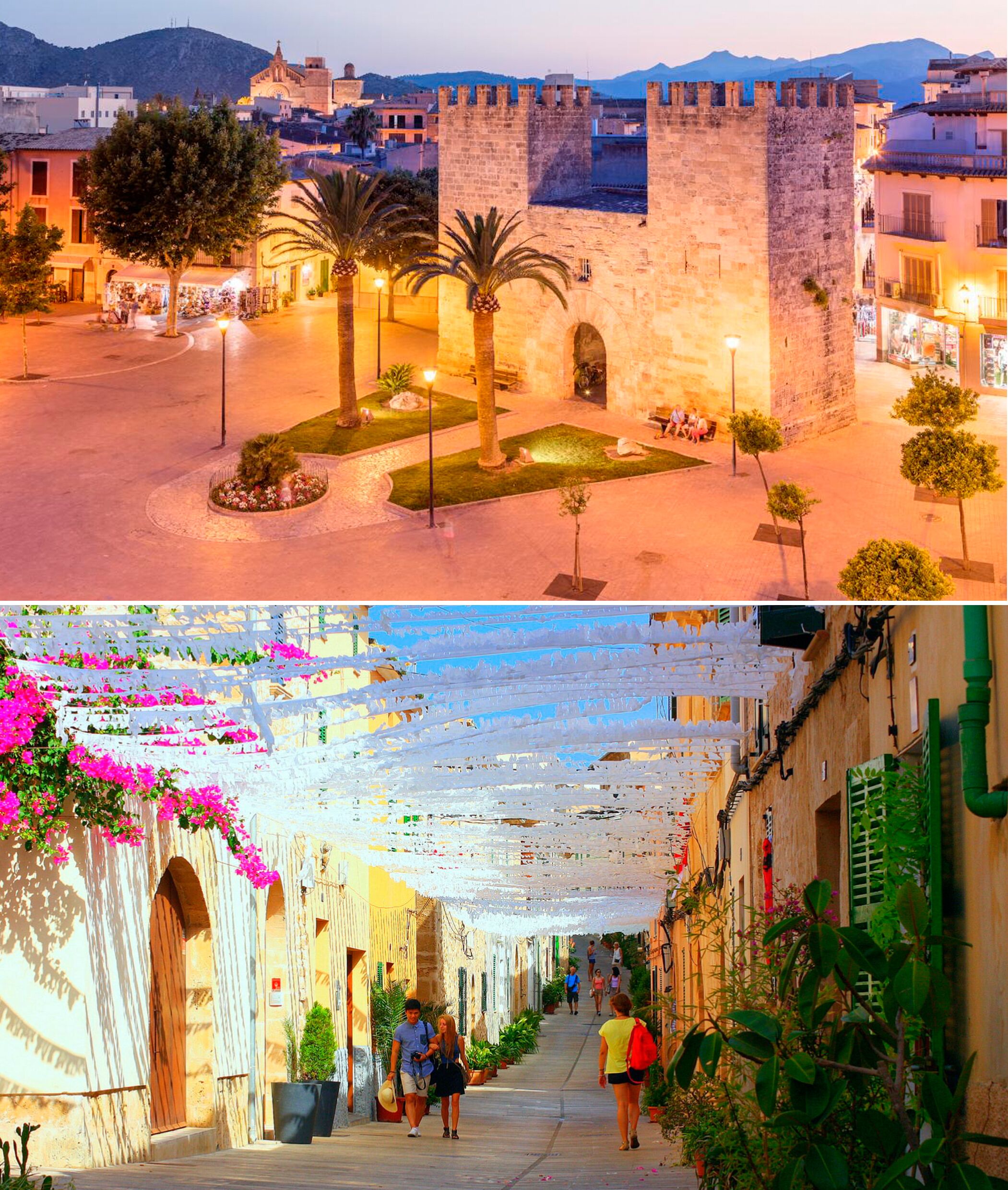 A historic square with a castle, palm trees, and a paved area.