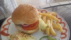 A plate with a burger, fries, coleslaw, and sliced onions and peppers.