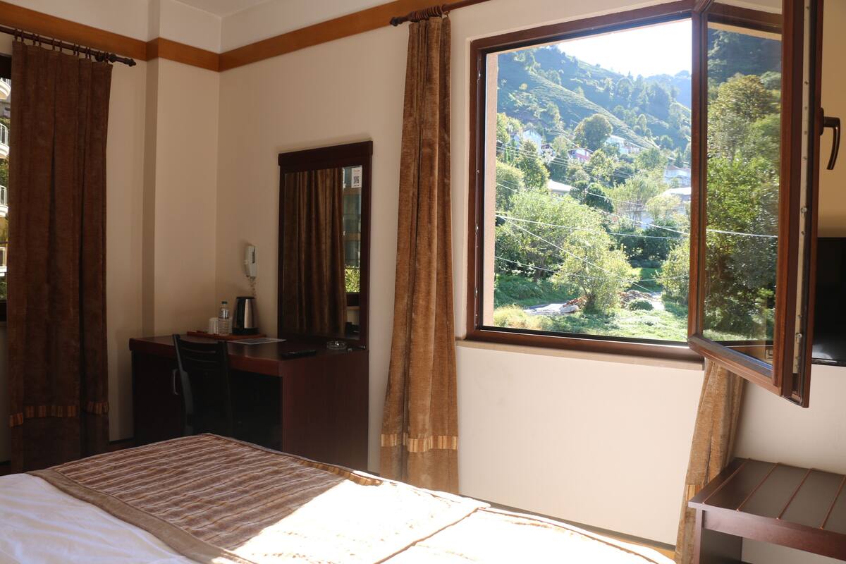 A bedroom with a bed, a desk, a chair, and a window with a view of a mountainous landscape.