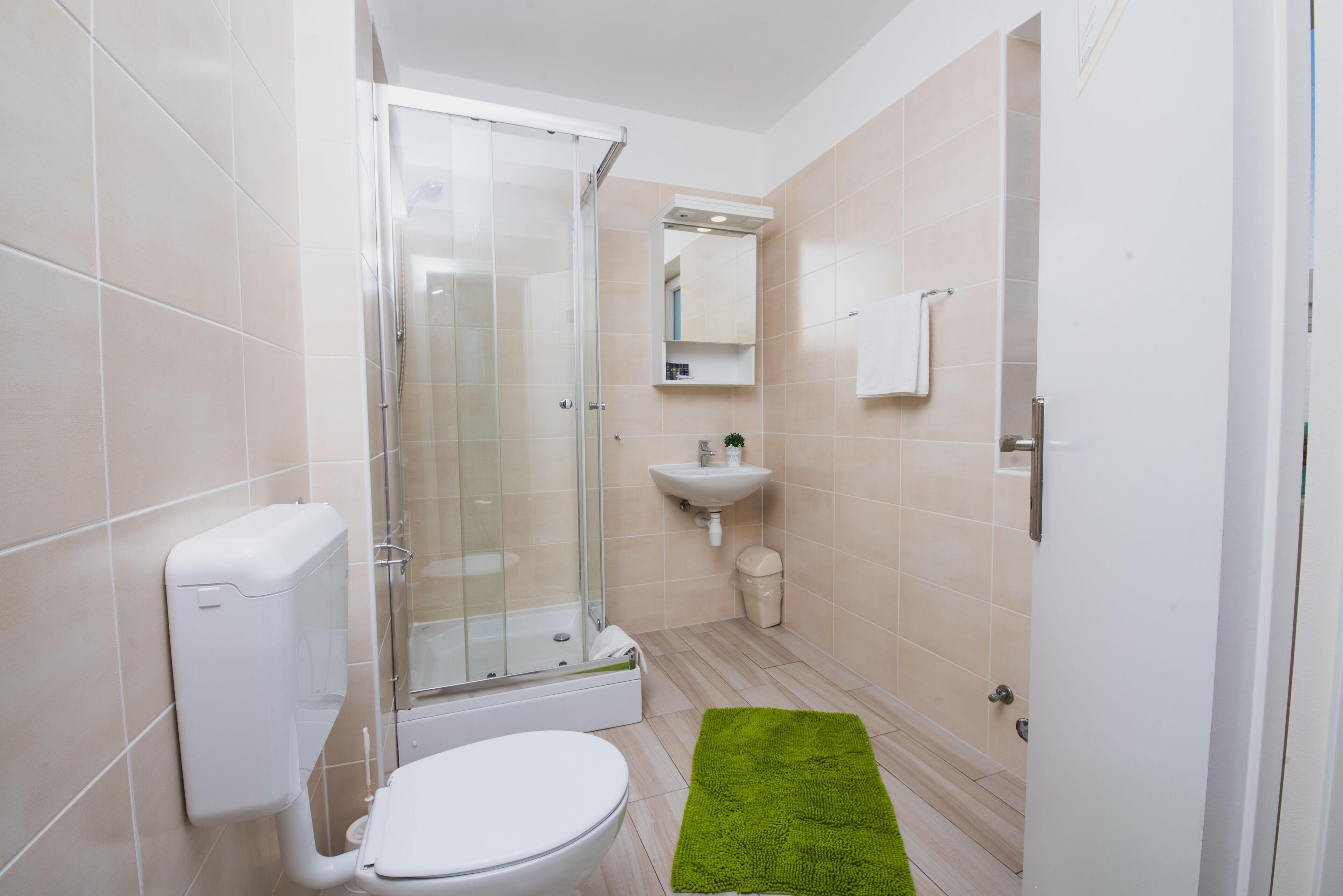 A bathroom with a toilet, a shower, a sink, and a green rug.