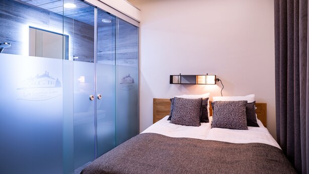 Un dormitorio con una cama, dos almohadas estampadas, una lámpara de noche y un armario con puertas de cristal satinado.
