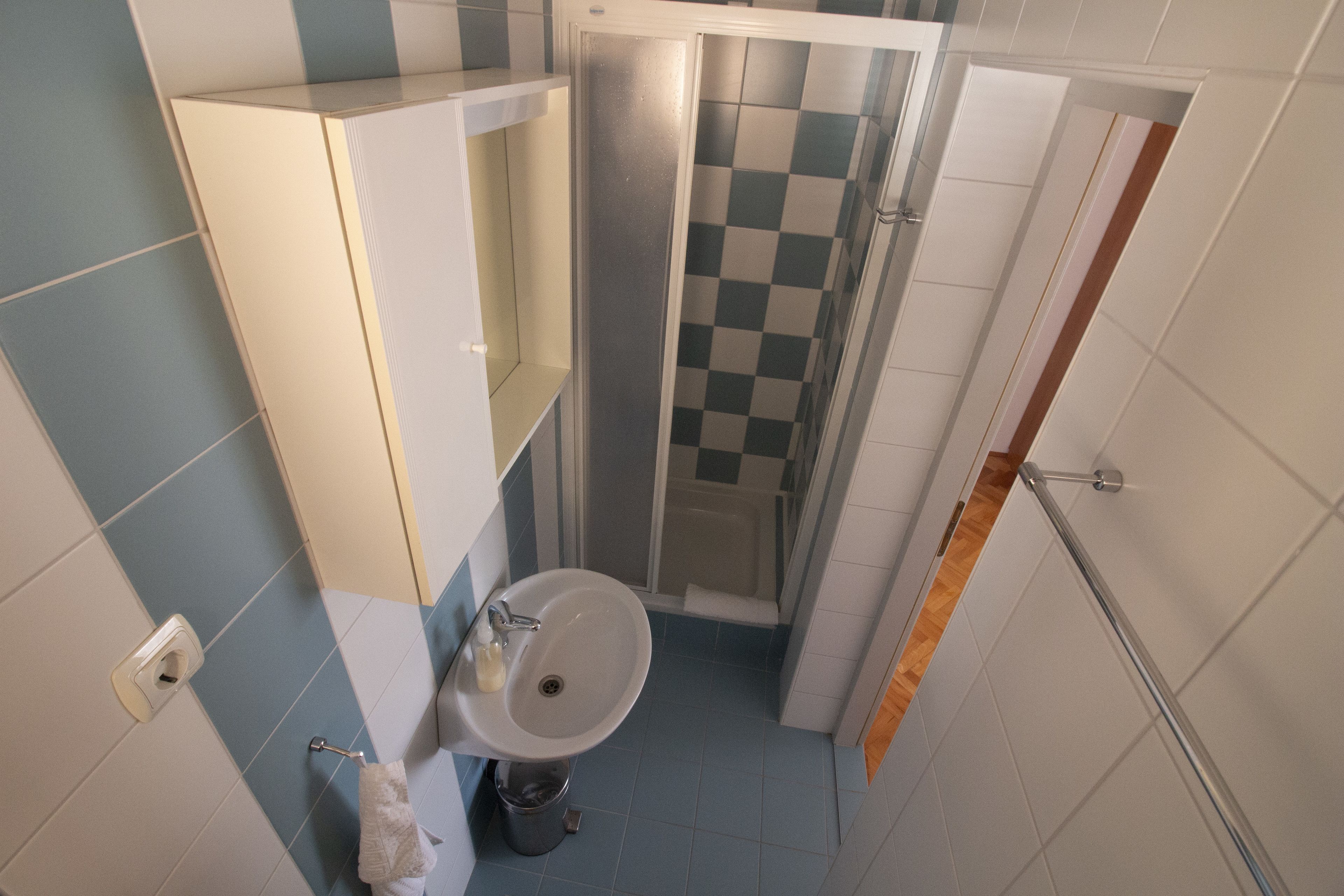 A bathroom with a sink, mirror, and shower.