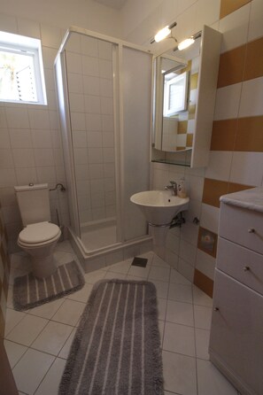 Un baño con inodoro, lavabo, ducha y un armario.