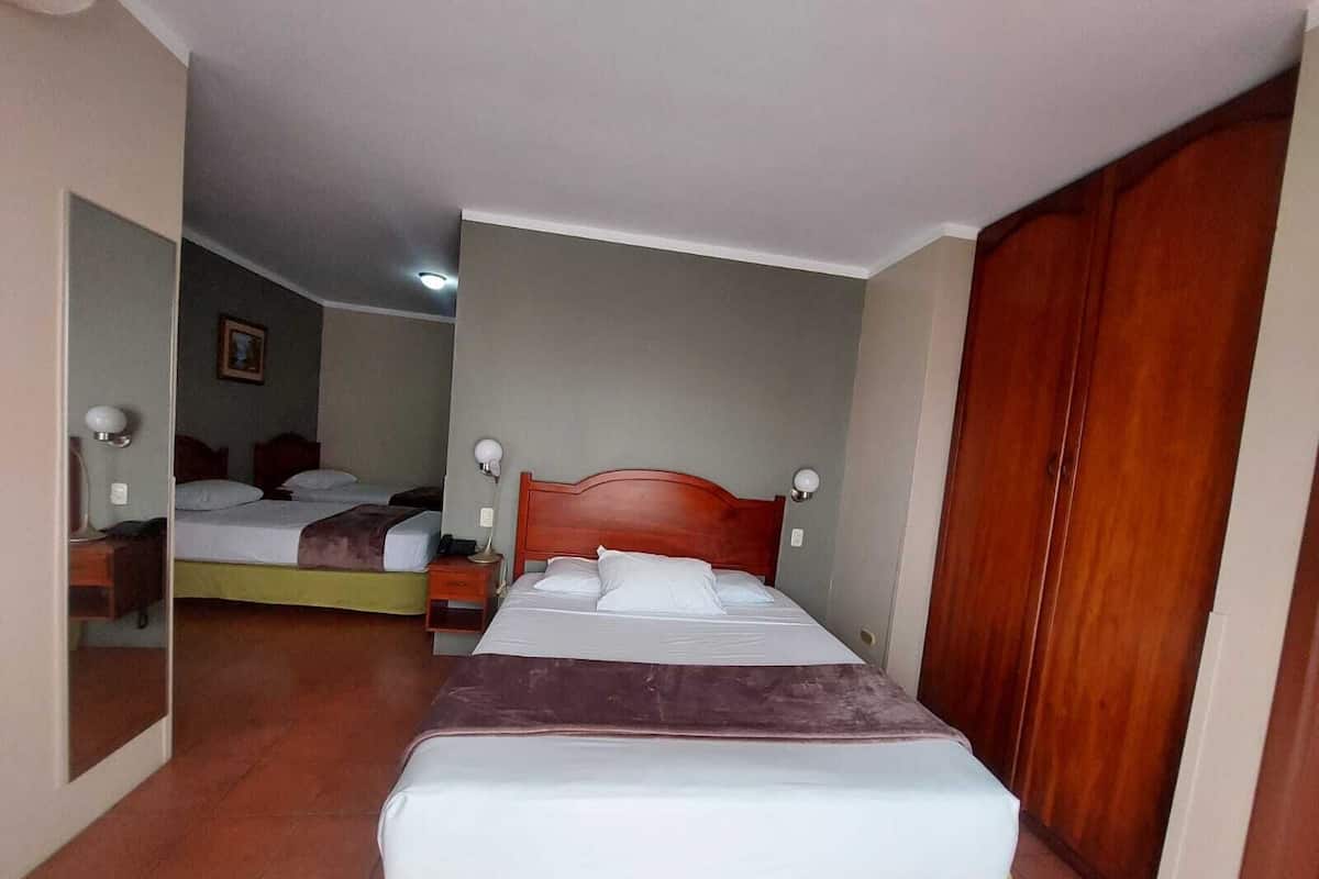 Una habitación de hotel con cama, mesitas de noche, armario y espejo.