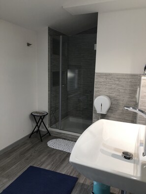 Habitación individual (4) | Baño | Regadera, pantuflas, toallas 