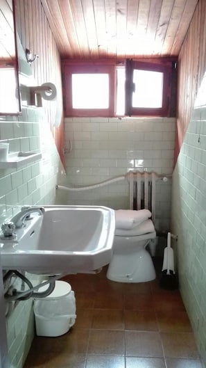 A small bathroom with a sink, toilet, and window.