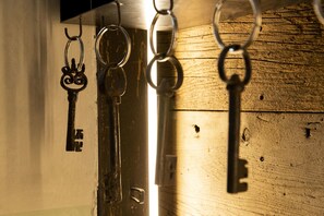 A set of keys hanging on a metal hook against a wooden wall. - Rössl Bianco b&b&b (Merano)