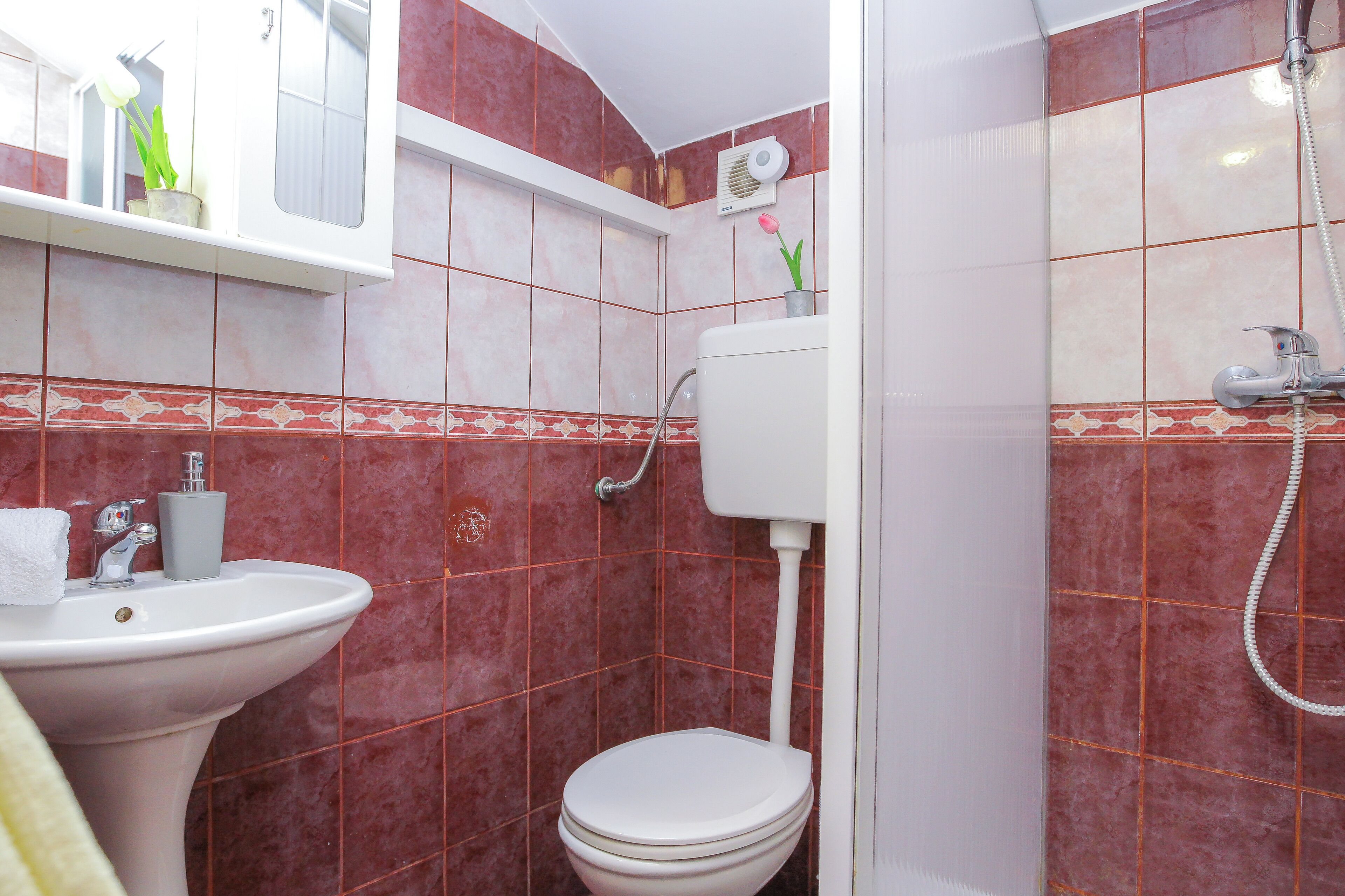 Ein Badezimmer mit einem Waschbecken auf Säule, Toilette und Dusche.