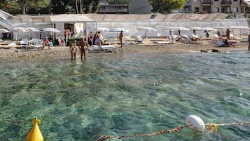 Sulla spiaggia, lettini da mare, ombrelloni