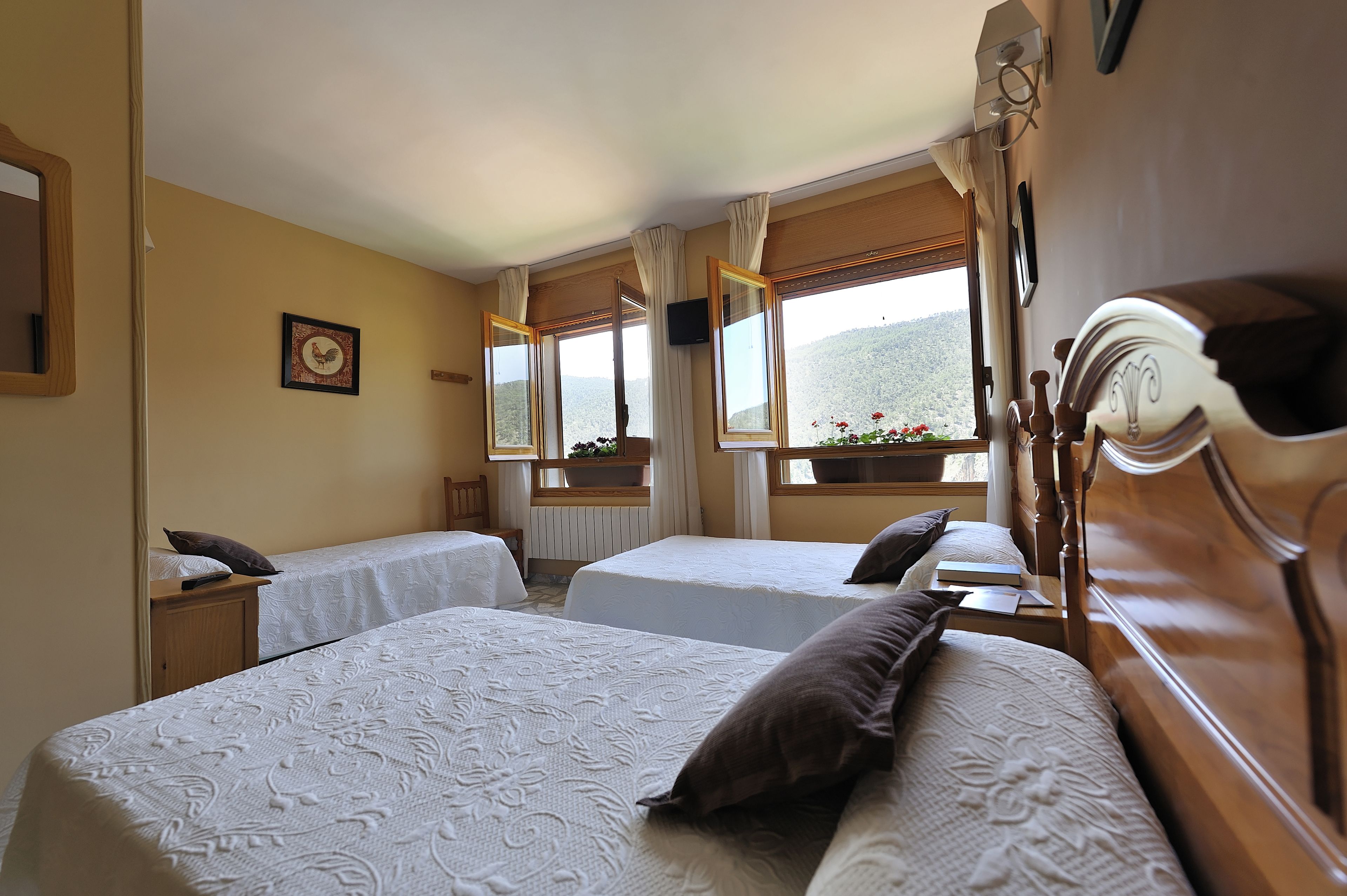 Habitación de hotel con dos camas, cabecero de madera, ventana con vistas a las colinas y un cuadro enmarcado en la pared.